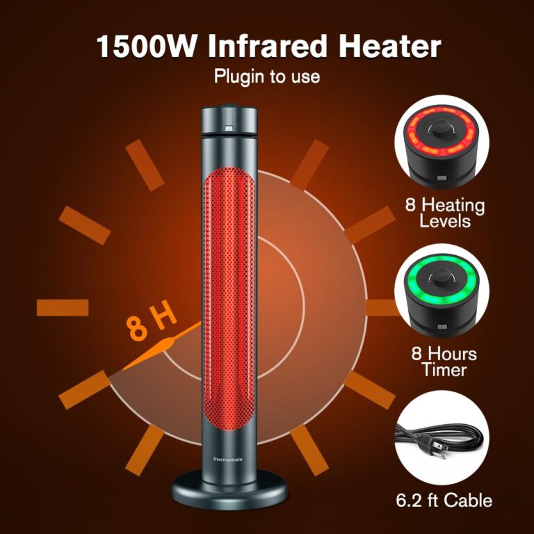 thermomate Electric Patio Heater, 1500W IP65 Outdoor/Indoor Infrared Heater with Remote, 8 Heating Levels 8-Hour Timer & Oscillation, Tip-over Protection for Garage Backyard Restaurant - Image 7