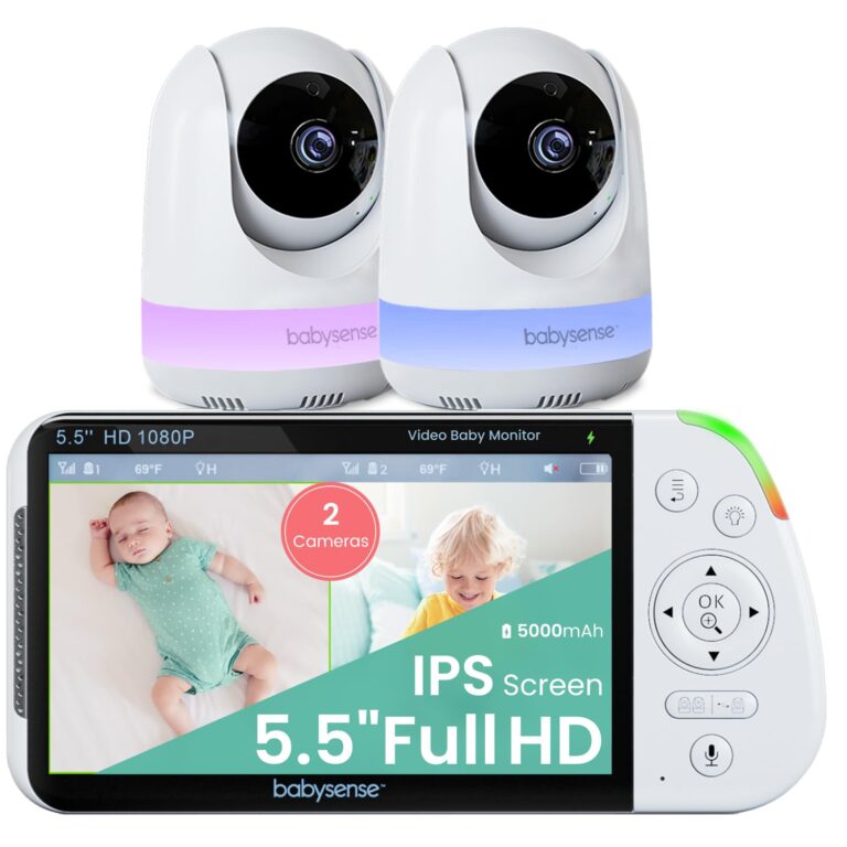 Babysense 5.5” 1080p Full HD Split-Screen Baby Monitor, Video Baby Monitor with 2 Cameras and Audio, 6-Color RGB Night Light, 1000ft Range, Two-Way Audio, 4X Zoom, 5000mAh Battery