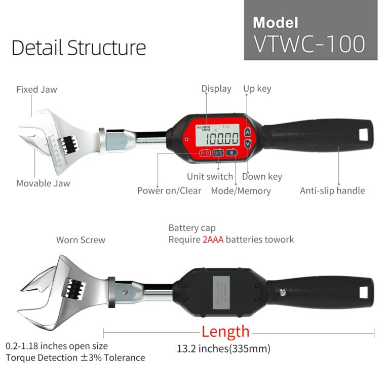 VPOER Adjustable Digital Torque Wrench spanner head, 2.2-73.7 ft-lbs (3-100 Nm) (26.5-885 inch pound) Electronic Jaw open end torque wrench with Buzzer & LED, Calibrated - Image 3