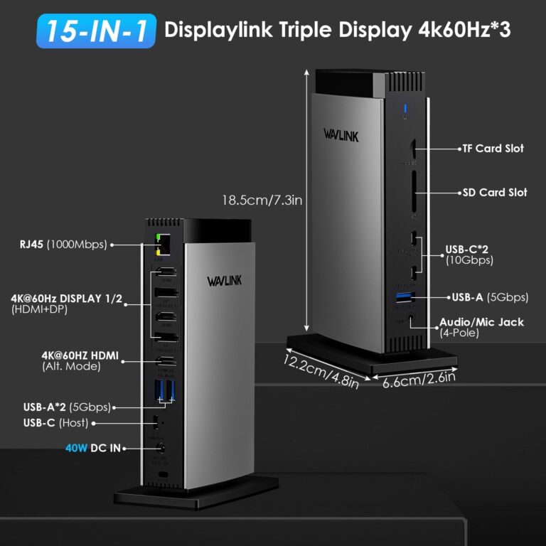 WAVLINK USB C DisplayLink Docking Station with 3 HDMI 4K60Hz,Displaylink Triple Display Docking Station for MacBook M1/M2/M3/Windows,5 USB Ports,2DP,Ethernet Port,Audio/Mic,SD/TF（No Charging Ports） - Image 6