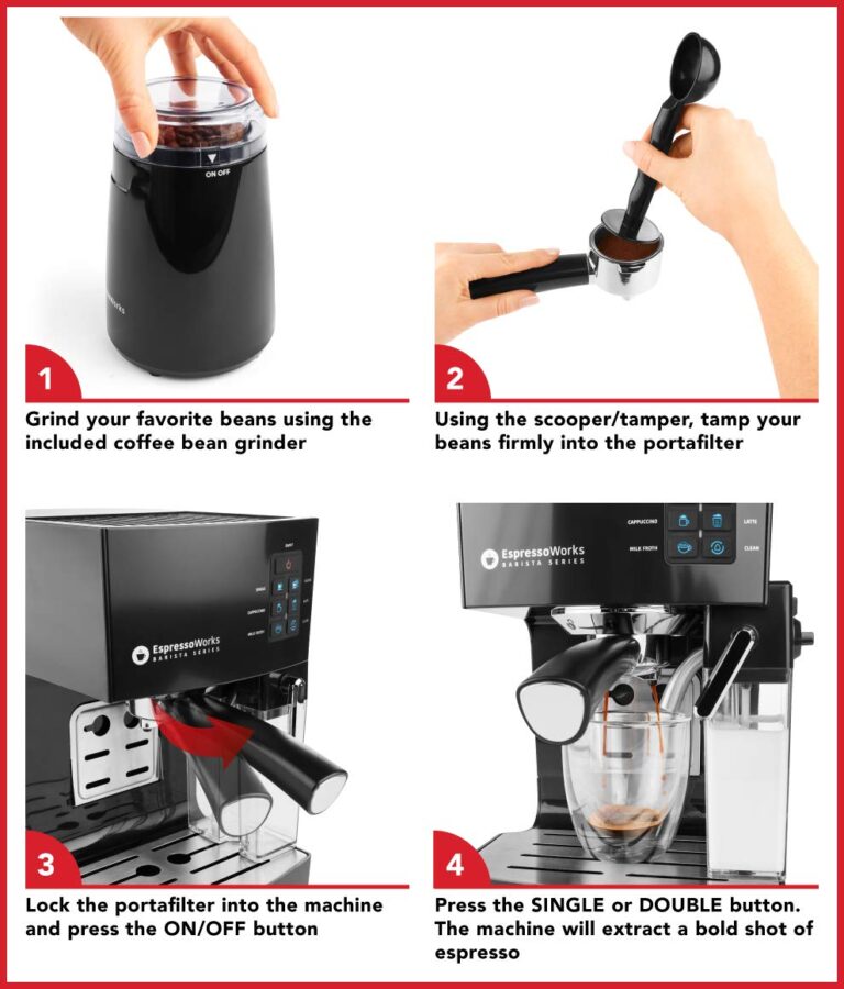 EspressoWorks 19-Bar Espresso, Latte and Cappuccino Maker 10-Piece Set - Brew Cappuccino and Latte with One Button - Espresso Machine with Milk Steamer 1250W - Coffee Gifts (Black) - Image 5