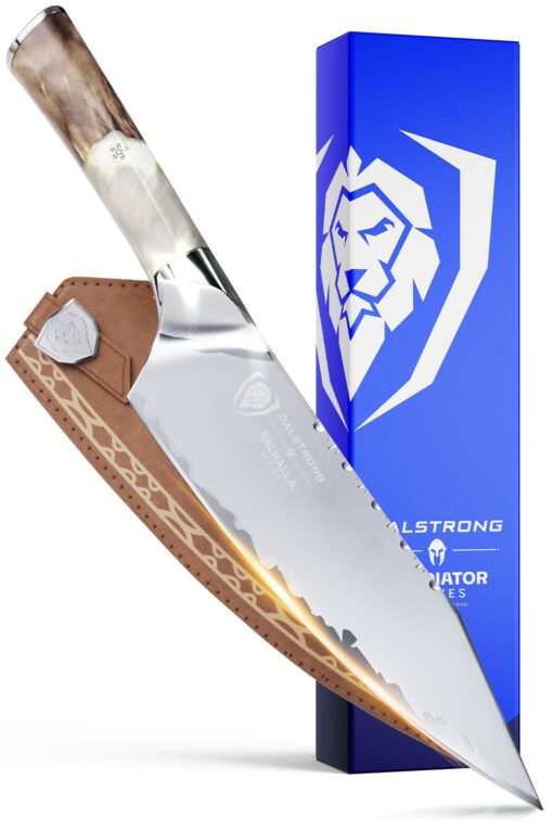 Dalstrong Chef Knife - 8 inch - Valhalla Series - 9CR18MOV HC Steel Kitchen Knife - White Resin & Wood Handle - Razor Sharp Chef's Knife - Kitchen Knife - Professional Cooking - Leather Sheath