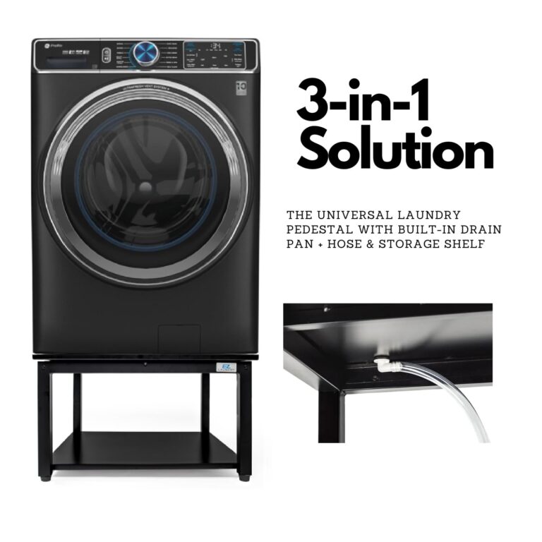 EZ Laundry | Upgraded 28” Universal Pedestal – 700lbs Capacity, Raises 16” with Built-in Drain Pan + Hose, Adjustable Feet, Anti-Vibration & Storage Shelf fits 27" or 28" Washer & Dryer (Black) - Image 9