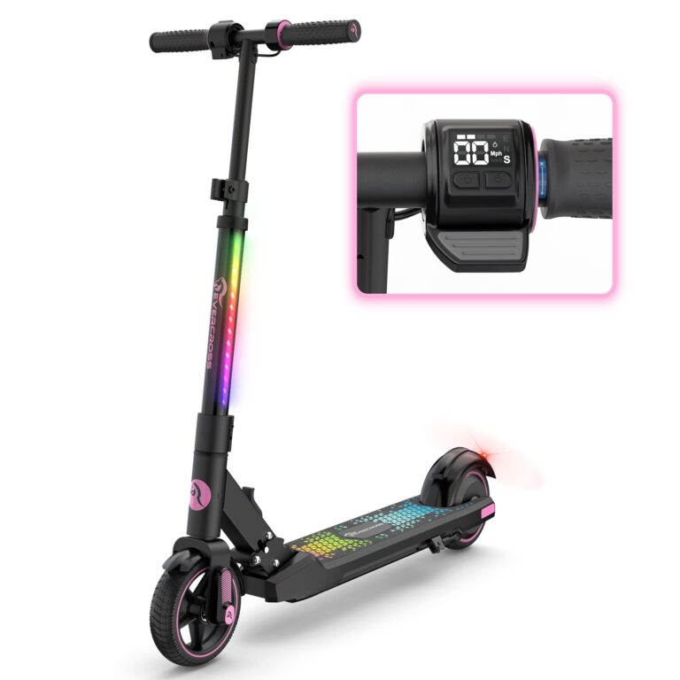 EVERCROSS EV06C Foldable Electric Scooter for Kids Ages 6-12, Up to 9.3 MPH & 5 Miles, LED Display, Colorful LED Lights, Lightweight (Black Pink)