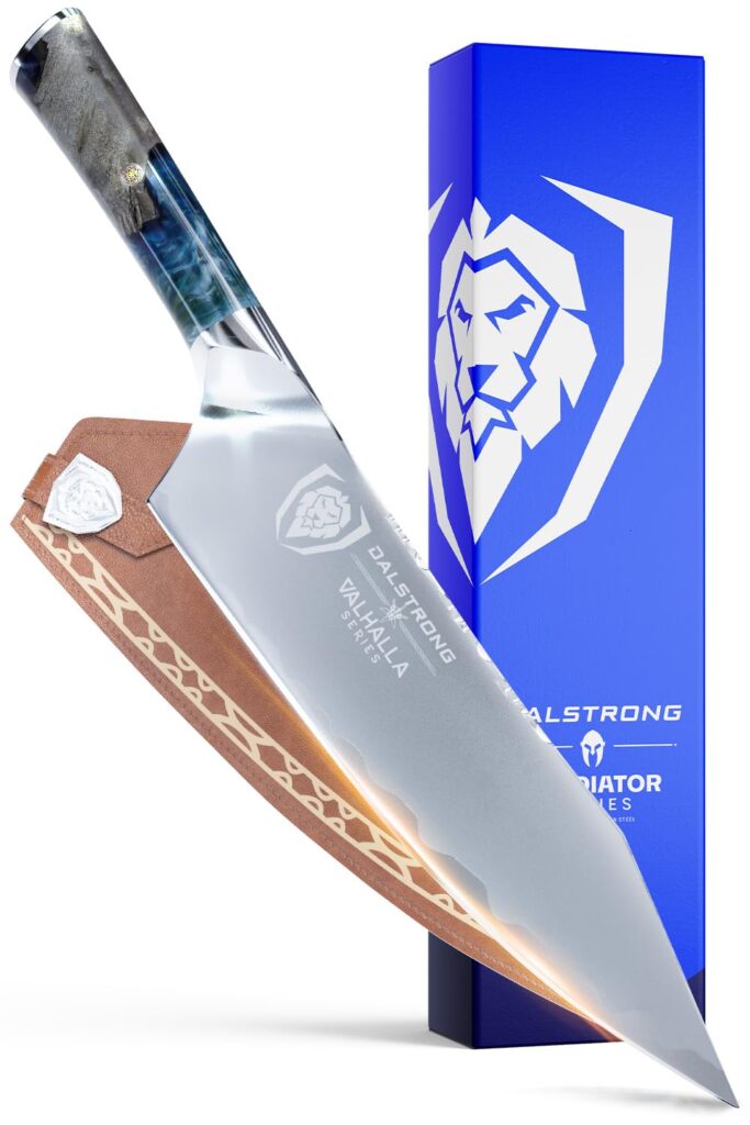 Dalstrong Chef Knife - 9.5 inch - Valhalla Series - 9CR18MOV HC Steel Kitchen Knife - White Resin & Wood Handle - Razor Sharp Chef's Knife - Kitchen Knife - Professional Cooking - w/Leather Sheath