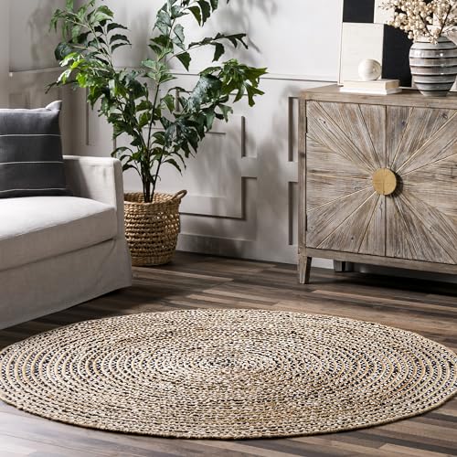 nuLOOM Glinda Solid 8 Round Jute Area Rug for Dining Room Rug Neutral Rug Living Room Rug Kitchen, Black/Blue