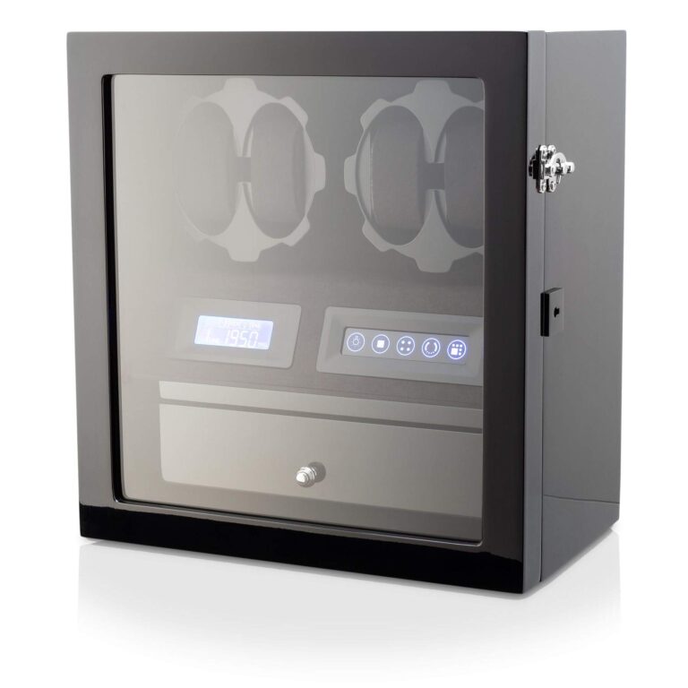 4 Watch Winder with 5 Watch Storage Space, LCD Display, Touch Control and Interior Light (Black + Black Velvet)