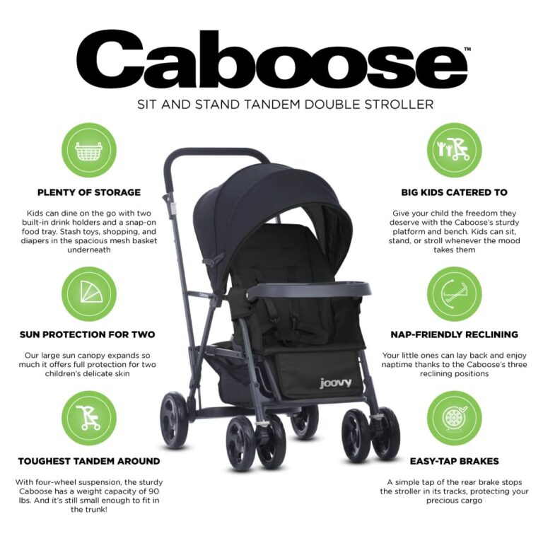 Joovy Caboose Sit and Stand Double Stroller with Rear Bench and Standing Platform, 3-Way Reclining Seats, Optional Rear Seat, and Universal Car Seat Adapter (Black) - Image 3