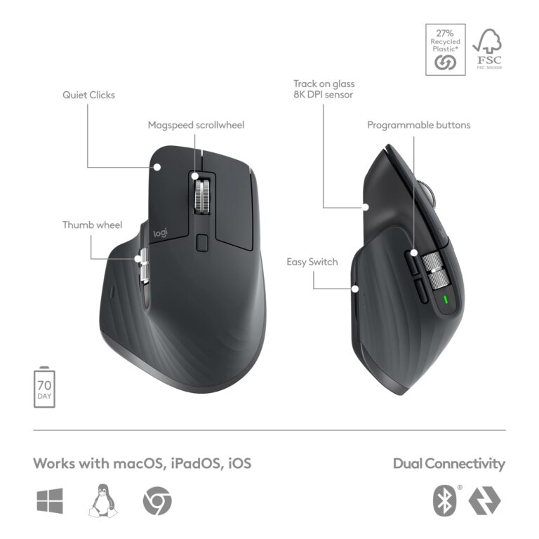 Logitech MX Keys S Combo - Performance Wireless Keyboard and Mouse with Palm Rest, Customizable Illumination, Fast Scrolling, Bluetooth, USB C, for Windows, Linux, Chrome, Mac - Image 6