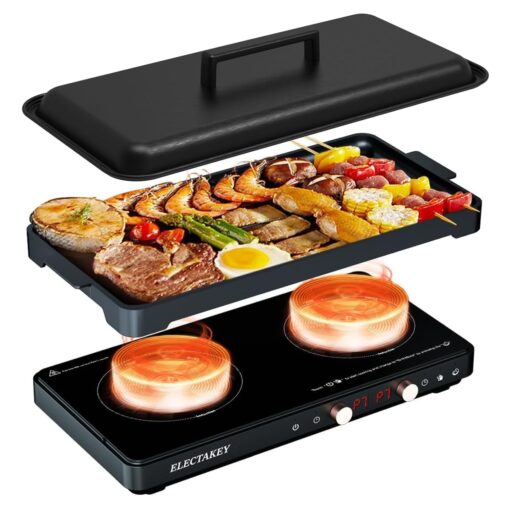 Induction Cooktop 2 Burner with Removable Cast Iron Griddle Pan Non-Stic,Portable Double Induction Cooktop with Timer&Digital Temperature Control,Black