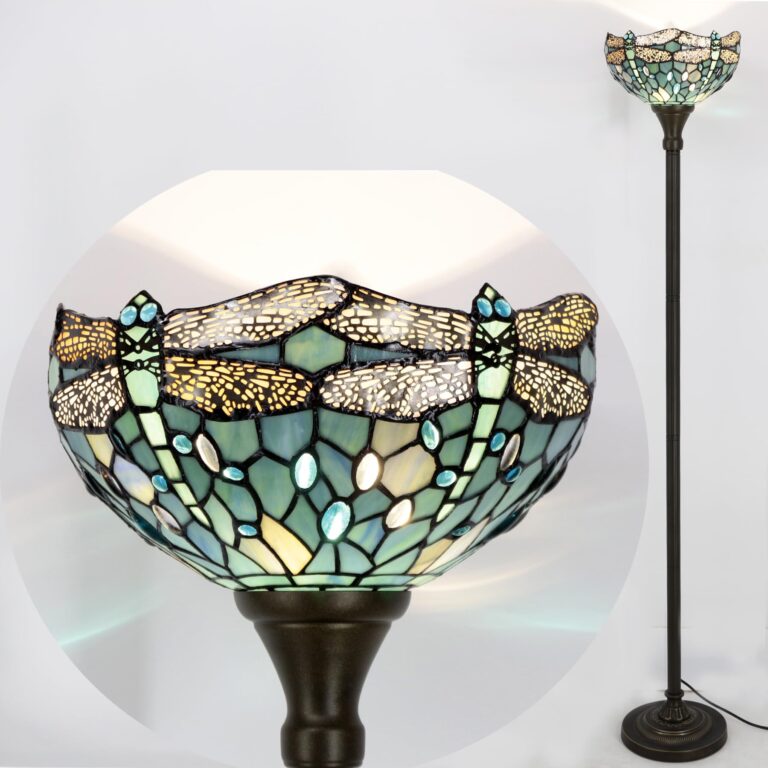 WERFACTORY Tiffany Floor Lamp Sea Blue Stained Glass Dragonfly Light 12X12X66 Inches Pole Torchiere Standing Corner Torch Uplight Decor Bedroom Living Room Home Office S147 Series - Image 3