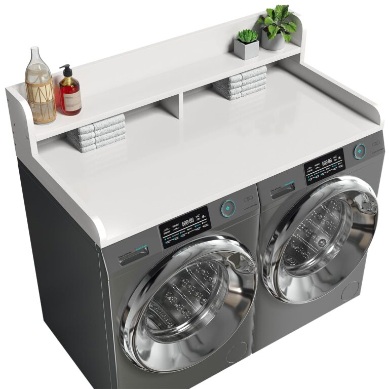 Corbyles 2-Tier Washer Dryer Countertop with 2.75"H Edge Rails, 54" W x 27.55" D Laundry Countertop for Folding Clothes, Washer and Dryer Topper with Non-Slip Pad (White)