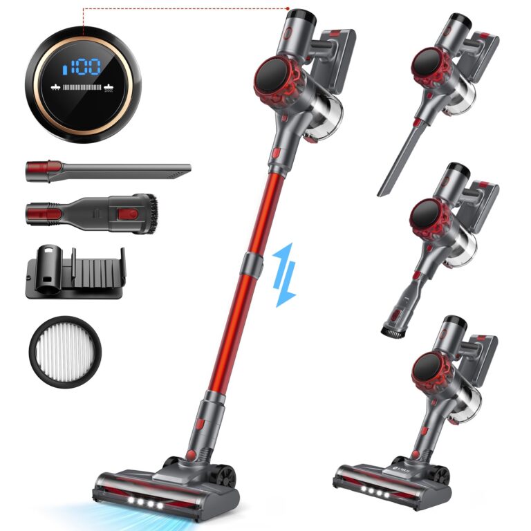 UML0 S3 Cordless Vacuum Cleaner, 45kPa Powerful Stick Vacuum, LED Display, 55-Min Runtime Rechargeable Cordless Vacuum, Free-Standing, Vacuum Cleaners for Home Pet Hair Carpet Hard Floor (Red)