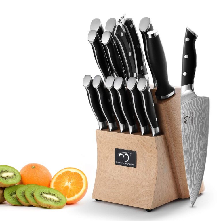 Damascus Kitchen Knife Set, 15-Piece Kitchen Knife Set with Block, ABS Ergonomic Handle for Chef Knife Set and Serrated Steak Knives Knife Sharpener and Kitchen Shears, Beechwood Block - Image 4