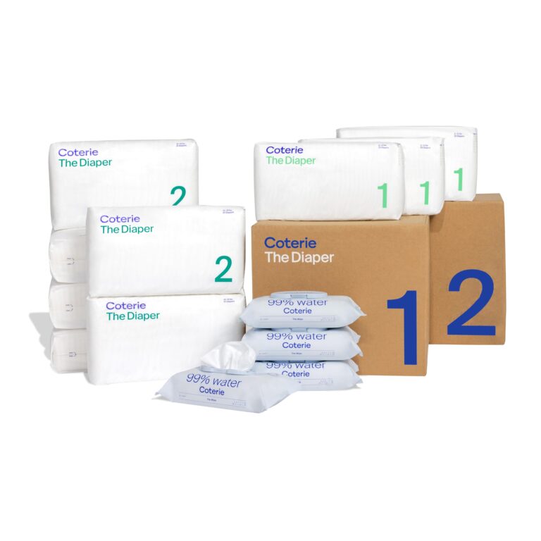 Coterie Baby Wipes + Diapers Kit, Size 1 (99 Count) & Size 2 Diapers (186 Count), 4 Pack (224) Baby Wipes with 99% Water, Plant Based Materials, Hypoallergenic for Sensitive Skin