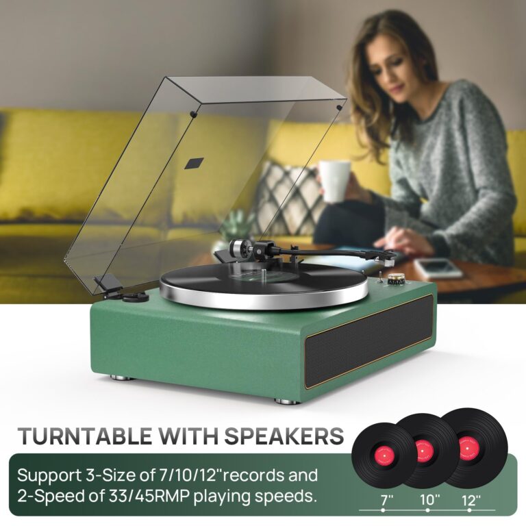 Turntable Record Player with Built-in Speakers, Vinyl Record Player Support Bluetooth Playback Auto Stop 33&45 RPM Speed RCA Line Out AUX in All-in-one Belt-Drive Turntable for Vinyl Records Green - Image 5