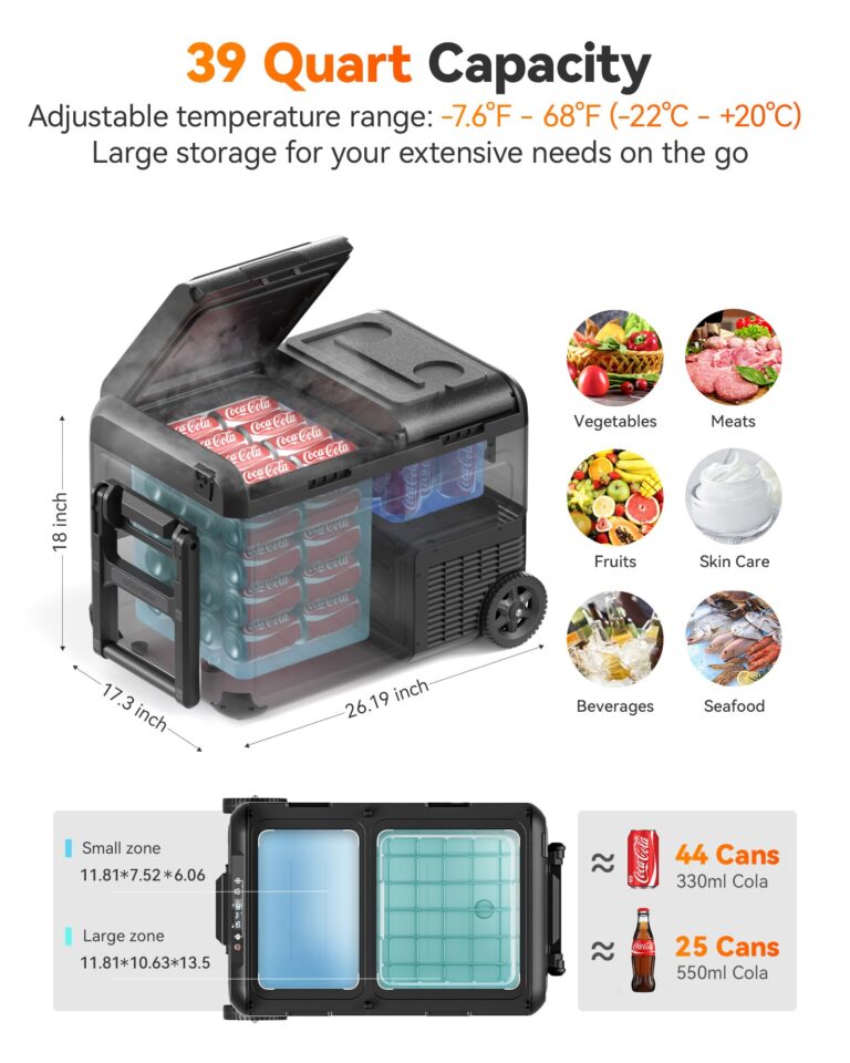 WOLFBOX 12V Car Refrigerator, 39 Quart Dual Zone Car Fridge, Portable Freezer(-8℉~68℉) with 12/24V DC 100/240V AC, APP Control Electric Cooler for Car, RV, Camping, Travel and Home Use - Image 9