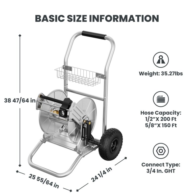 Giraffe Tools Garden Hose Reel Cart with Wheels, Stainless Steel Heavy Duty Water Hose Reel Cart, 200 ft of 1/2 Capacity, Mobile for Outside - Image 2