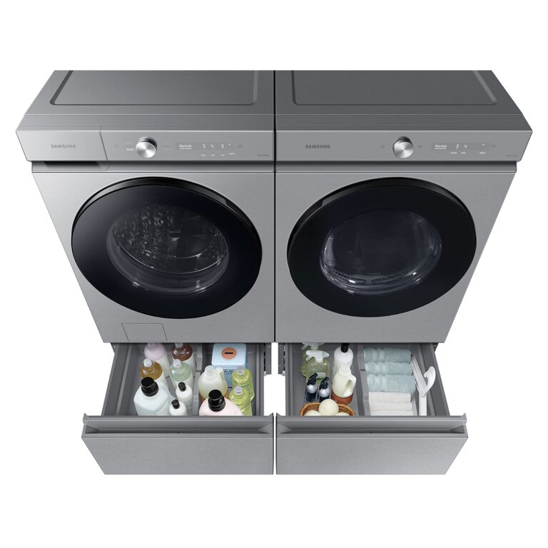 SAMSUNG 27-Inch Bespoke Front Load Washer Dryer Pedestal Stand w/ Pull Out Laundry Storage Drawer, WE502NT, Silver Steel - Image 2
