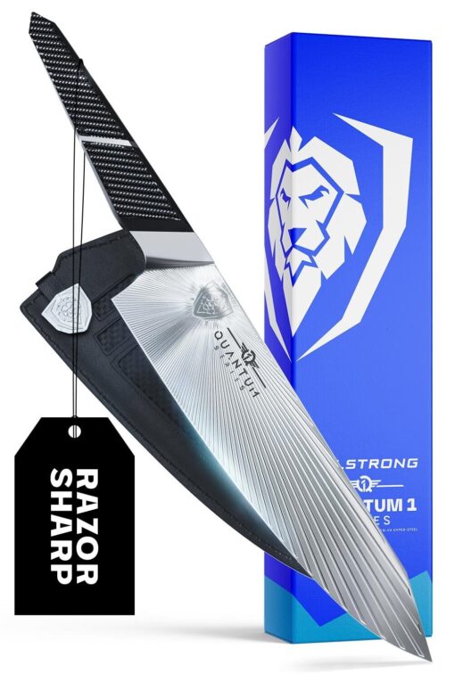 Dalstrong Chef Knife - 8.5 inch - Quantum 1 Series - Ultra-Sharp - American Forged BD1N-VX Hyper Steel - Carbon Fibre G10 Hybrid Handle - Premium Kitchen Knife - Leather Sheath