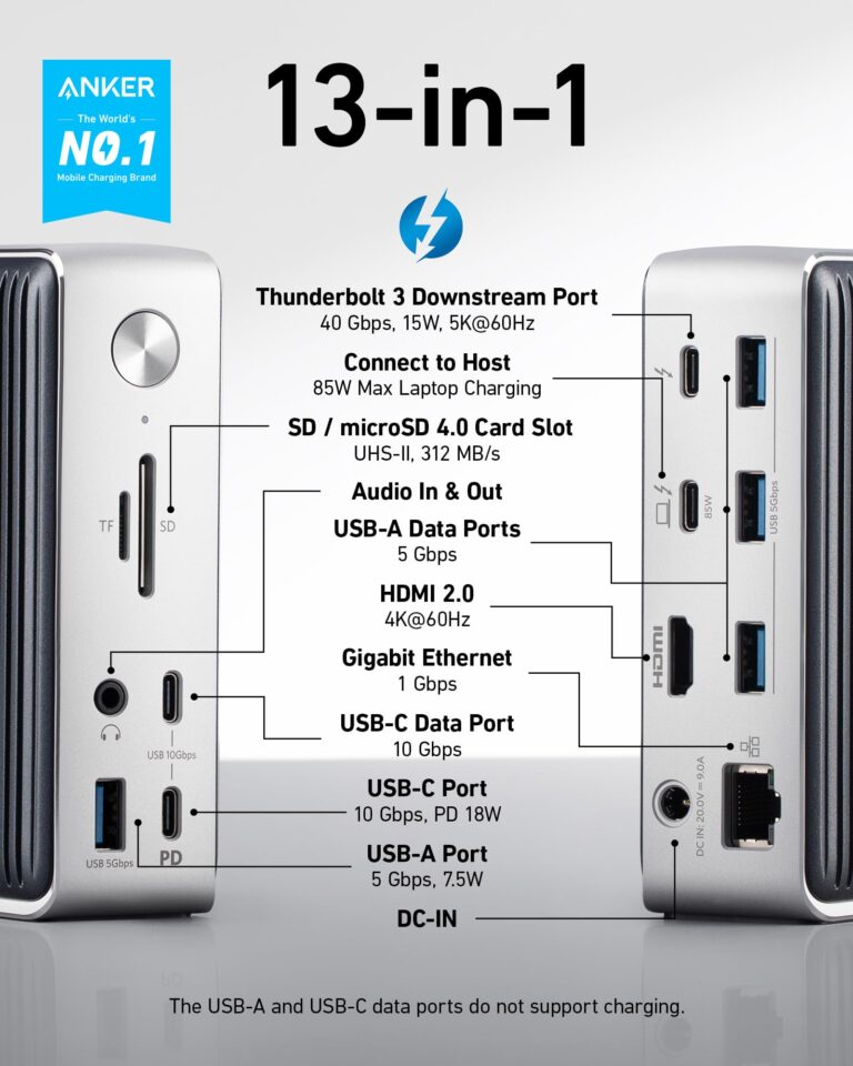 Anker 577 Docking Station (13-in-1, Thunderbolt 3) 85W Charging for Laptop, 18W for Phones, 4K Dual Display, 10 Gbps USB-C Data, Ethernet, Audio, SD 4.0 - Image 6