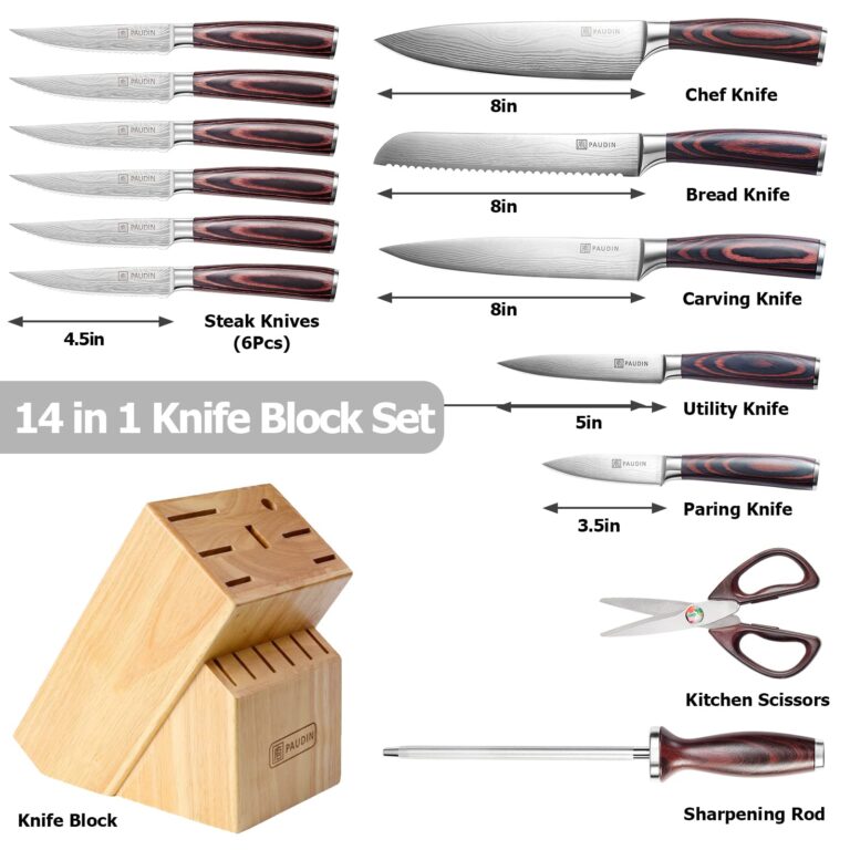 PAUDIN Kitchen Knife Set with Block, 14 Pieces Knife Sets for Kitchen with Block, High Carbon German Stainless Steel Sharp Chef Knife Set with Ergonomic Pakkawood Handle - Image 9