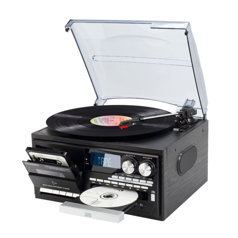 9-in-1 Vintage Turntable Record Player with Bluetooth, Built-in Speakers, AM/FM Radio, CD & Cassette Playback, USB/SD/MMC Support, Remote Control, Aux Input, RCA Output Black