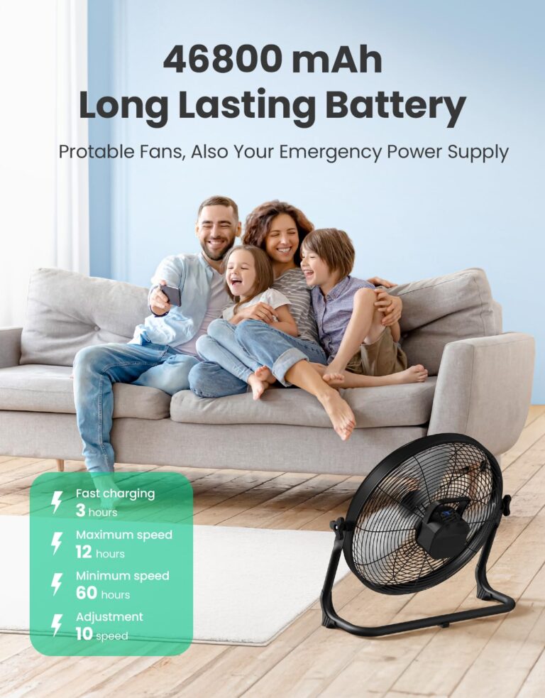 18" Portable Battery Operated Fan, Rechargeable Floor Fan, Hi-Velocity Cordless Camping Fan, Hi-Airflow Industrial Wireless Fan, Quiet Fan, USB Phone Charge, 12-60H Runtime, For Home, Outdoor, Garage - Image 7