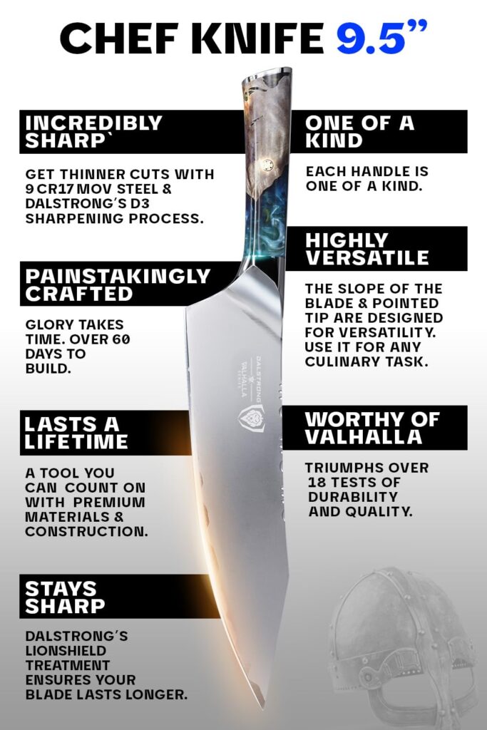 Dalstrong Chef Knife - 9.5 inch - Valhalla Series - 9CR18MOV HC Steel Kitchen Knife - White Resin & Wood Handle - Razor Sharp Chef's Knife - Kitchen Knife - Professional Cooking - w/Leather Sheath - Image 7