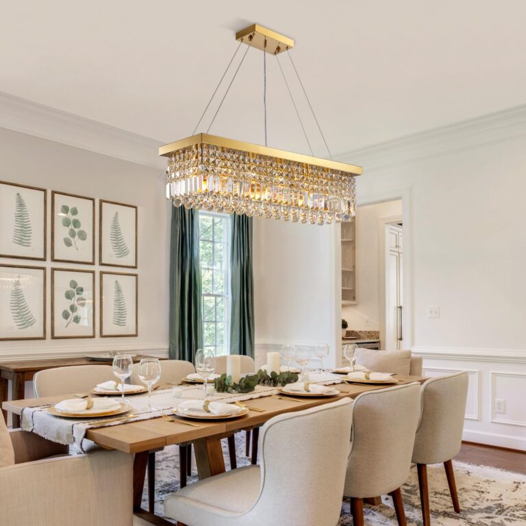 Siljoy 6-Light Modern Crystal Chandelier Rectangular Gold K9 Crystal Raindrop Chandelier for Dining Room, Luxury Adjustable Ceiling Pendant Light for Living Room Kitchen Island L31.5'' x W10'' x H10'' - Image 7