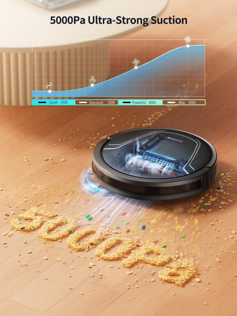 HONITURE Robot Vacuum and Mop Combo,V8 Pro Robot Vacuum Cleaner with 5000Pa Max Suction,Laser Navigator Robotic Vacuums with 180 Mins Run Time,Self-Charging,App Control,Ideal for Pet Hair - Image 6