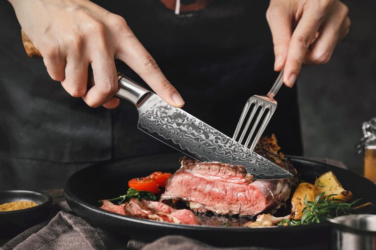 HEZHEN 6PCS Kitchen Knife Set Professional Forged Damascus High Carbon Steel Steak Knife Figured Sycamore Wood Handle-Porcelain Gift Package - Image 4