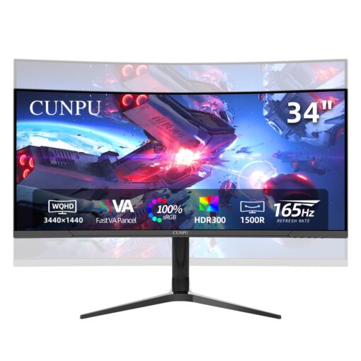 CUNPU 34 Inch UltraWide Curved Gaming Monitor, WQHD 3440x1440p 165Hz Monitor, HVA Panel, 1500R Curvature, sRGB 100%, HDR 300, FREESYNC, Height/Tilt/Swivel Adjustable Stand, HDMI/DisplayPort