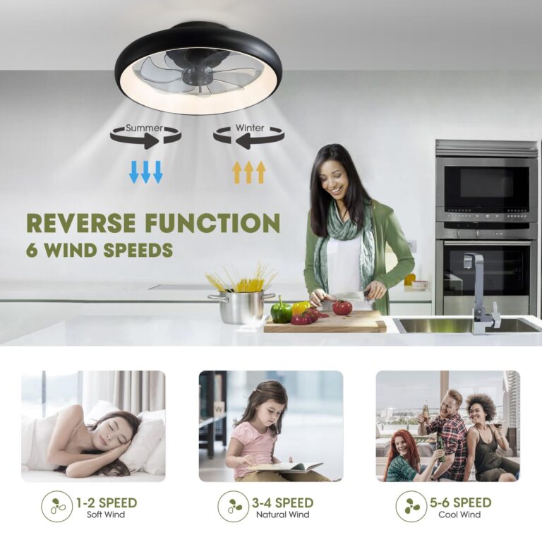 LUDOMIDE Modern Black 20" Flush Mount Ceiling Fan with Lights, 6 Wind Speeds, LED, Bedroom, Kitchen - Image 7