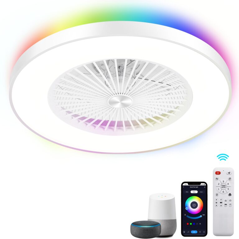 KAMLAM 24" Low Profile Ceiling Fans with Lights, Bladeless Ceiling Fan with RGB Light, Alexa/Google Assistant Remote/APP Control, Enclosed Flush Mount Ceiling Fan Dimmable Color Changing LED Ambient