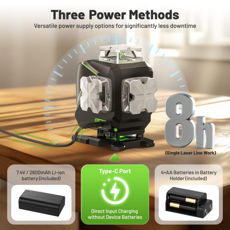 Huepar Laser Level 360 Self Leveling, 4x360° Green Cross Line Laser with LCD Screen, 4D Bluetooth Outdoor Pulse Mode Laser Tool for Construction -Remote Control, Li-ion Battery or 4 AA Batteries-S04CG - Image 6