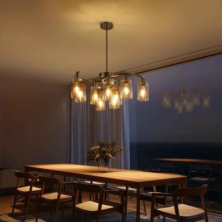 CNRATYE 9-Light Brushed Nickel Glass Chandelier, Adjustable Height Hanging Industrial Dining Room Chandelier Over Table, Modern Farmhouse Chandelier for Kitchen Island Living Room Entryway Bedroom - Image 7