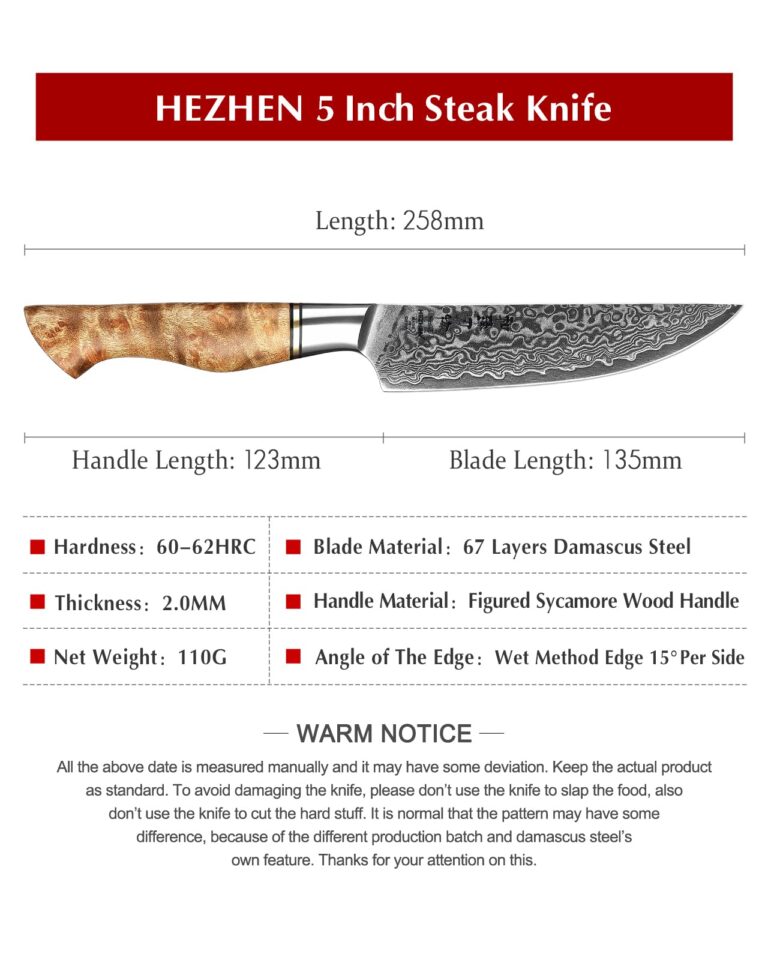 HEZHEN 6PCS Kitchen Knife Set Professional Forged Damascus High Carbon Steel Steak Knife Figured Sycamore Wood Handle-Porcelain Gift Package - Image 8