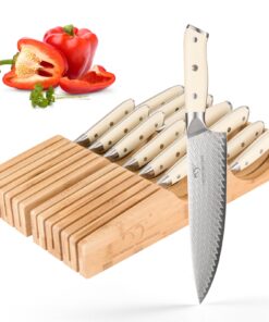NANFANG BROTHERS Damascus Kitchen Knife Set,14 Pieces Drawer Knife Set,ABS Ergonomic Handle for VG10 Steel Professional Chef Knives Set with Block and Steak Knives