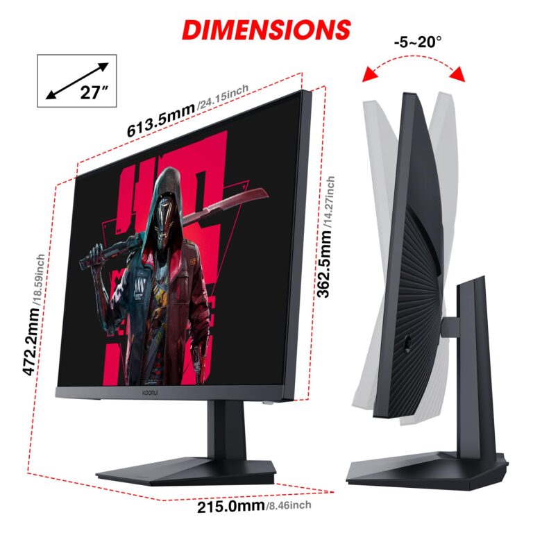 KOORUI 27” WQHD (2560 x 1440p) Gaming Monitor 170Hz (Supports 144Hz), 1ms Fast IPS, HDR 10, DCI-P3 95% Color Gamut, FreeSync Premium, Adaptive G-Sync, HDMI x 2, DisplayPort, Black - Image 3