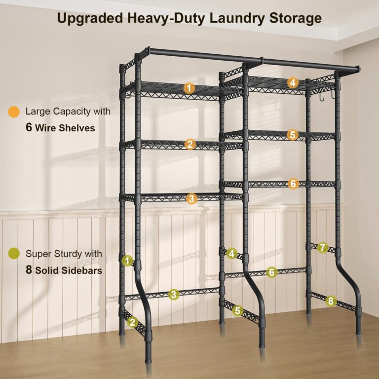 Ulif U13 Over Washer and Dryer Storage Shelves, 6 Tiers Laundry Room Standing Shelf with 2 Hanger Rods, Space Saver Clothes Drying Rack, 63.4" W x 22" D x 77.4" H, Black - Image 4