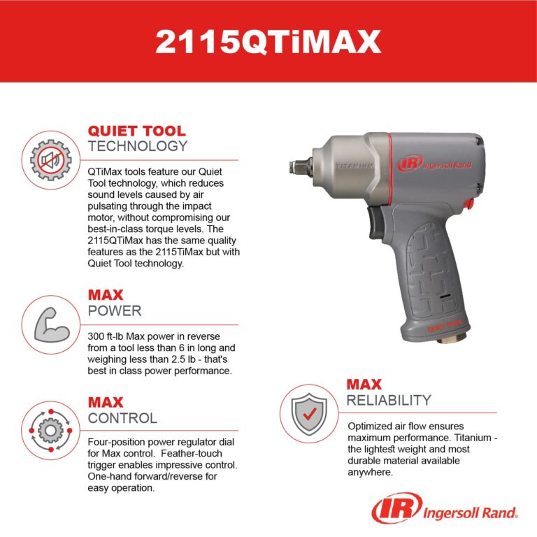 Ingersoll Rand 2115QTiMAX 3/8” Drive Air Impact Wrench, Quiet Tool, Lightweight 2.5 lb Design, Powerful Reverse Torque Output Up to 300 ft lbs, 7 Vane Motor, Max Control, Gray - Image 7