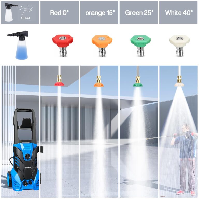 EVEAGE Electric Powerful Pressure Washer - 3500PSI Max 2.5GPM Power Washer with 20FT Hose 4 Quick Connect Nozzles, Soap Tank Clean Cars, IPX5 Car Wash Machine/Car/Driveway/Patio Clean - Image 6