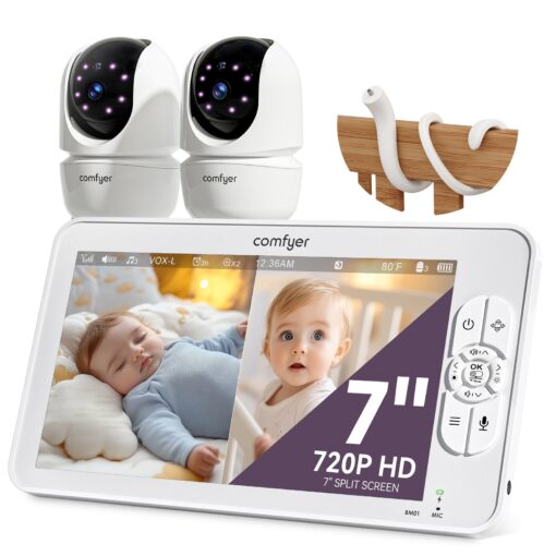 Comfyer Split-Screen Baby Monitor with 2 1080P Cameras, 7" HD 720P Baby Monitor No WiFi with a Flexible Bracket, Video Baby Monitor with Camera and Audio, 2 Way Audio, Remote PTZ, Auto Night Vision