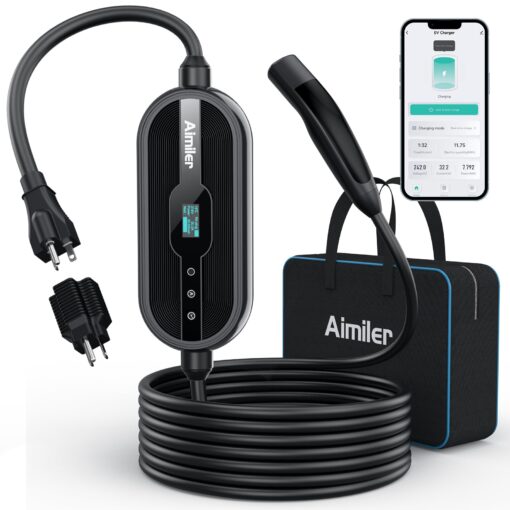 AIMILER Level 1/2 Tesla Charger(WiFi APP), 16Amp, 240V Nema 6-20 Plug & 120V NEMA 5-15 Adapter, 25ft ETL Listed Cord - Portable/Home NACS Connector Electric Car(EV) Charger for Tesla Model X/Y/3/S