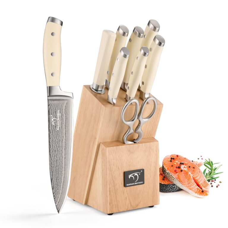 Damascus Kitchen Knife Set, 9 Pieces With Block, White ABS Triple Rivet Ergonomic Handle for Chef Knives, Sharpener and Shears