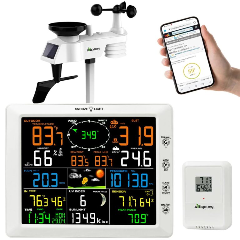 Urageuxy WiFi Weather Station with Color Display, Wireless Indoor/Outdoor Weather Monitor - Rain Gauge, Wind Speed/Direction, Anemometer, UV Index & Outdoor Sensor