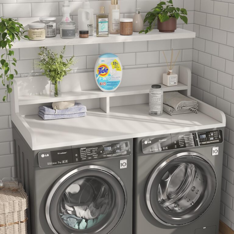 Corbyles 2-Tier Washer Dryer Countertop with 2.75"H Edge Rails, 54" W x 27.55" D Laundry Countertop for Folding Clothes, Washer and Dryer Topper with Non-Slip Pad (White) - Image 8