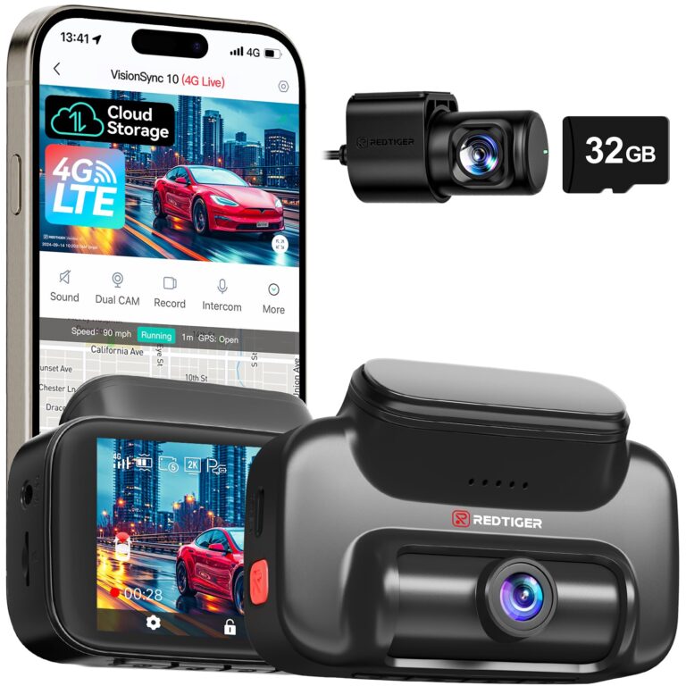 REDTIGER 4G LTE Dash Cam Front and Rear,Remote Live Stream, 30-Day Cloud Storage, 2.5K + 1080P, Emergency Alert, GPS, Built-in SIM (AT&T), Parking Monitor, 32GB Card & Hardwire Kit Included (VS10)