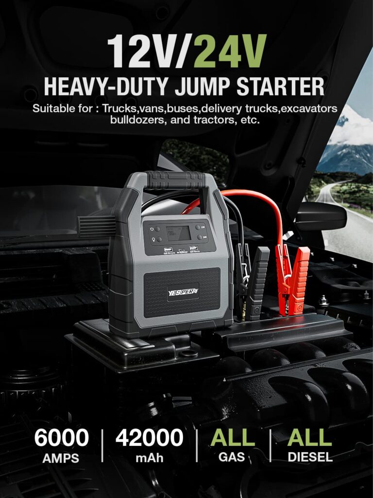 YESPER 12V/24V Car Jump Starter, 6000A Peak 4.1 lbs Portable Jump Starter Battery Pack 42000mAh Battery Booster Pack (Up to All Gas/Diesel Engine) Jumper Box with LED Screen and Wall Charger - Image 9